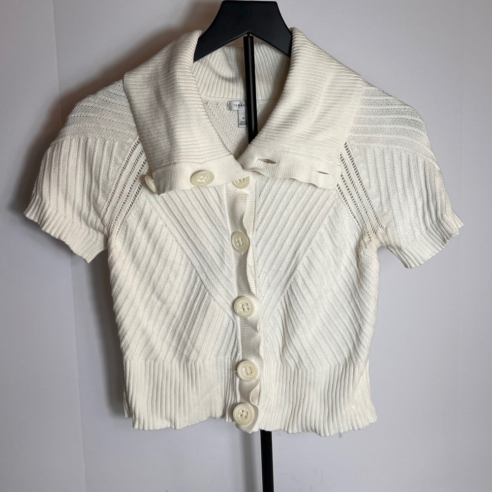Semantiks Knit Short‎ Sleeve Cardigan Top Button Down Collared Sweater Cream - Picture 3 of 10